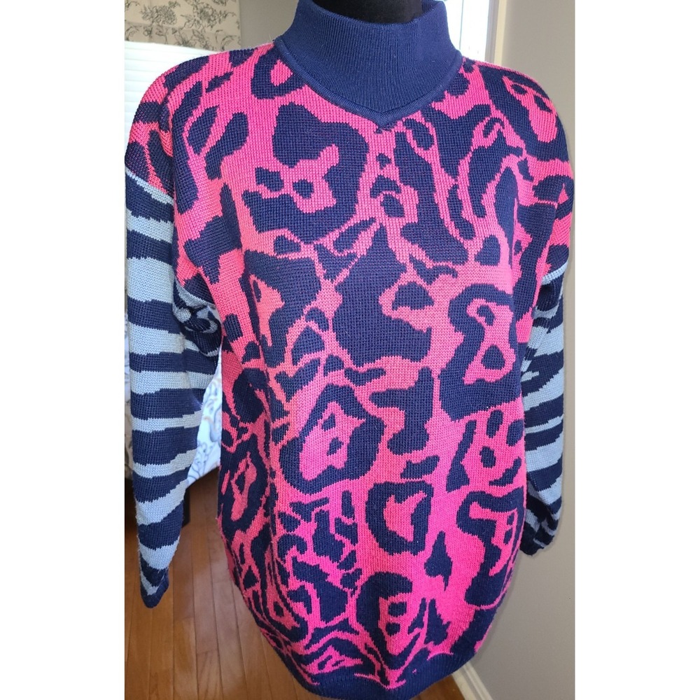 SKYR Vtg 80s Women's Pink Navy High Neck Sweater‎ Acrylic Wool  Valley Girl Med